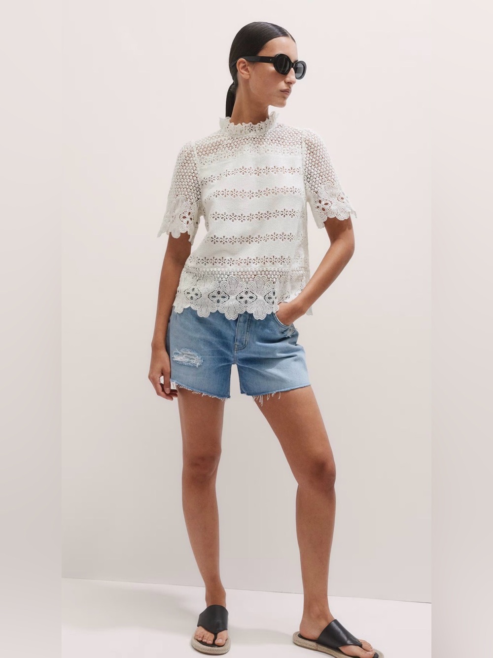 ME+EM Crochet Floral Lace Cotton Boxy Fit T-Shirt In Cream Size 4 Scalloped Hem